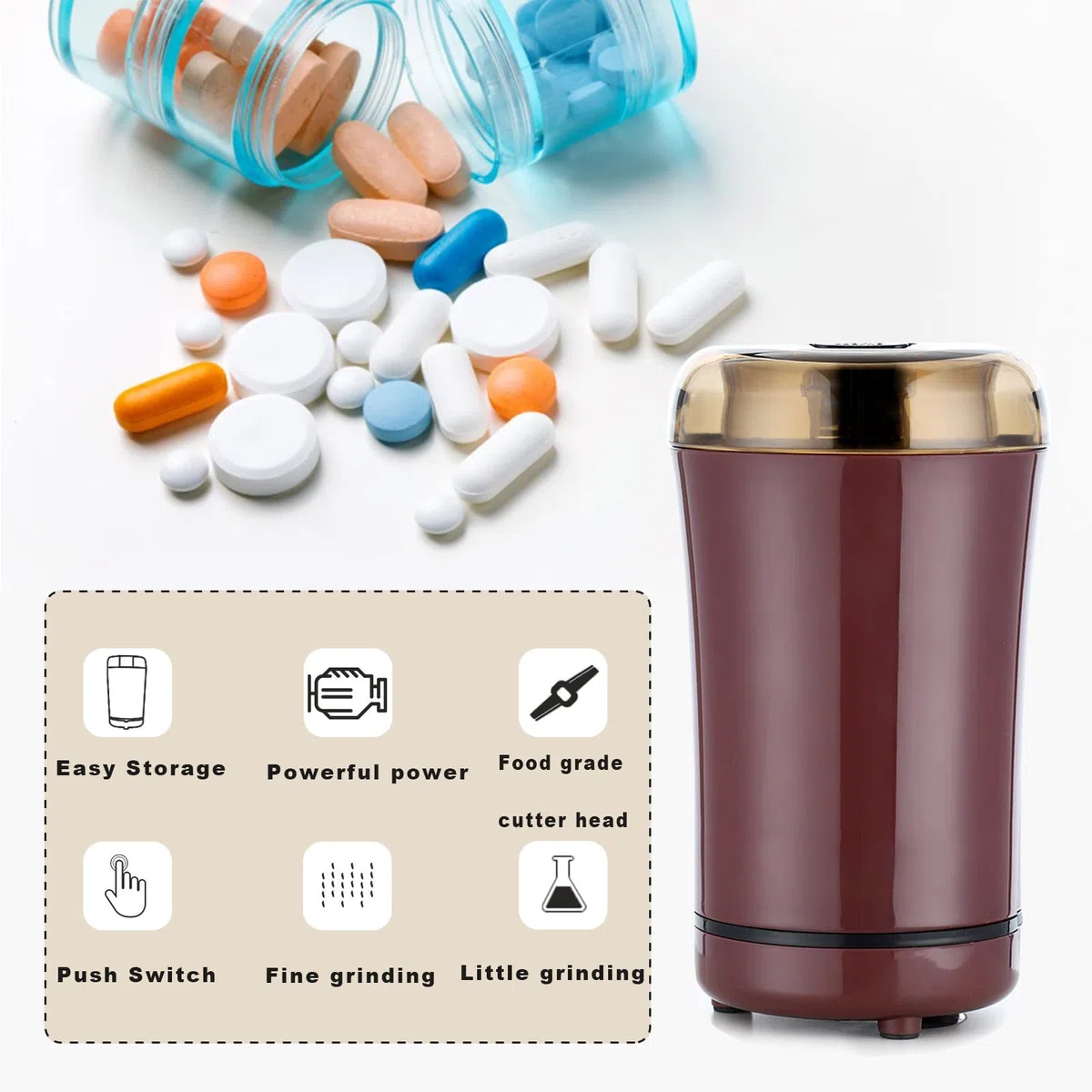 Broyeur de pilules électrique multifonctionnel : broyage de médicaments et de comprimés de vitamines de différentes tailles en poudre fine, mortier et mortier, personnes âgées, enfants ou animaux