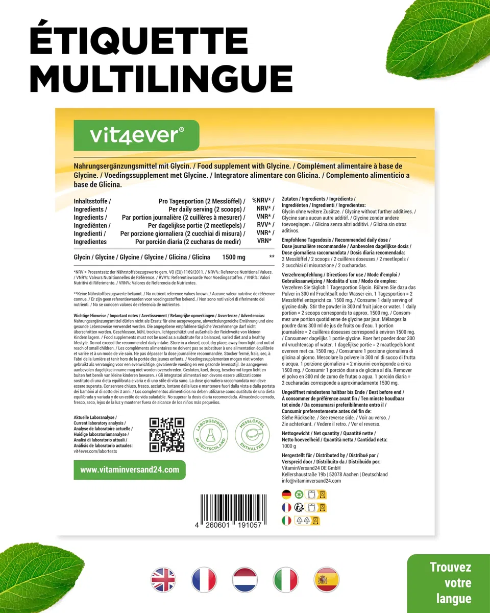 vit4ever Glycine Pure - 1000 g (1 kg) de Poudre Pure sans Additifs - Avec Cuillère Doseuse - Acide Aminé L-Glycine Dosé de Manière Optimale, Naturellement Doux - Vegan