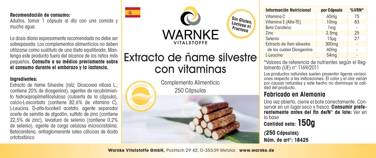 Igname Sauvage - Extrait - 250 gélules- Végétarien - 20% de diosgénine, vitamine C et E bêta-carotine, zinc et sélénium | Warnke Vitalstoffe - Qualité des pharmacies allemandes