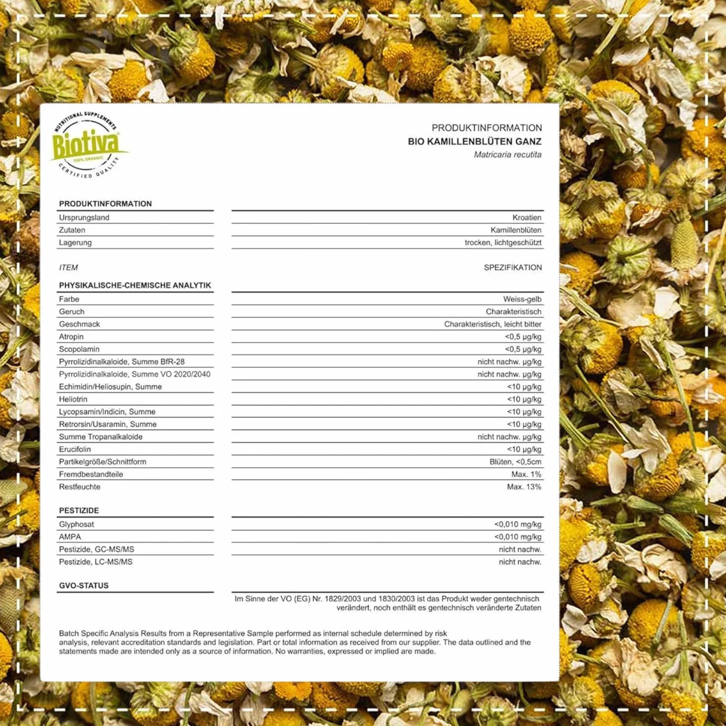 Tisane de fleurs de camomille bio 500g - Culture UE - Fleurs de camomille bio de grande qualité - Matricaria chamomilla - Bain à la camomille- Biotiva