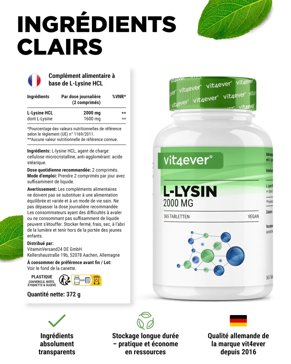 L-Lysine - 365 Comprimés - Fortement Dosé avec 2000 mg de L-Lysine HCL par Jour - Issu de Fermentation Végétale - sans Additifs Indésirables - Végétalien