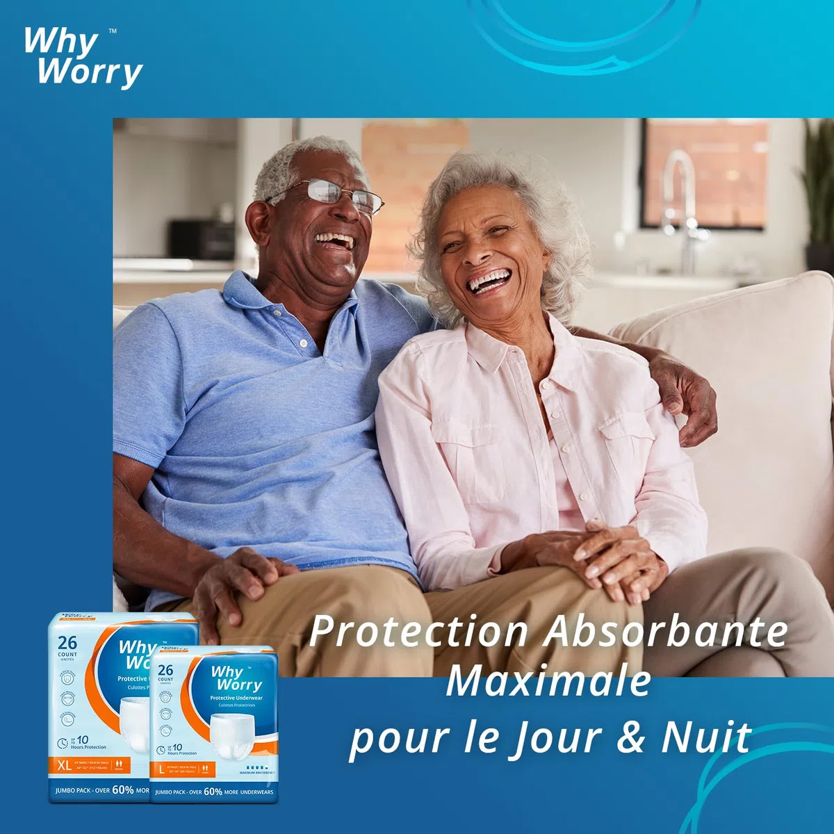WhyWorry Culottes Incontinence pour Homme et Femme, Couche Culotte Adultes pour Fuites Urinaires, Slips Absorbants Jetables, Contrôle des Odeurs, Anti-fuites, Unisexe, Taille XL, 26 Unités