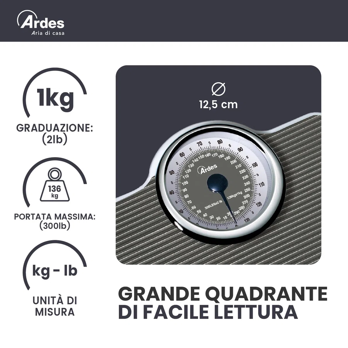 ARDES - AR2PP2M Pèse-Personne Mécanique Sans Piles Style Vintage avec Tapis Antidérapant - Poids en Kilos et en Livres