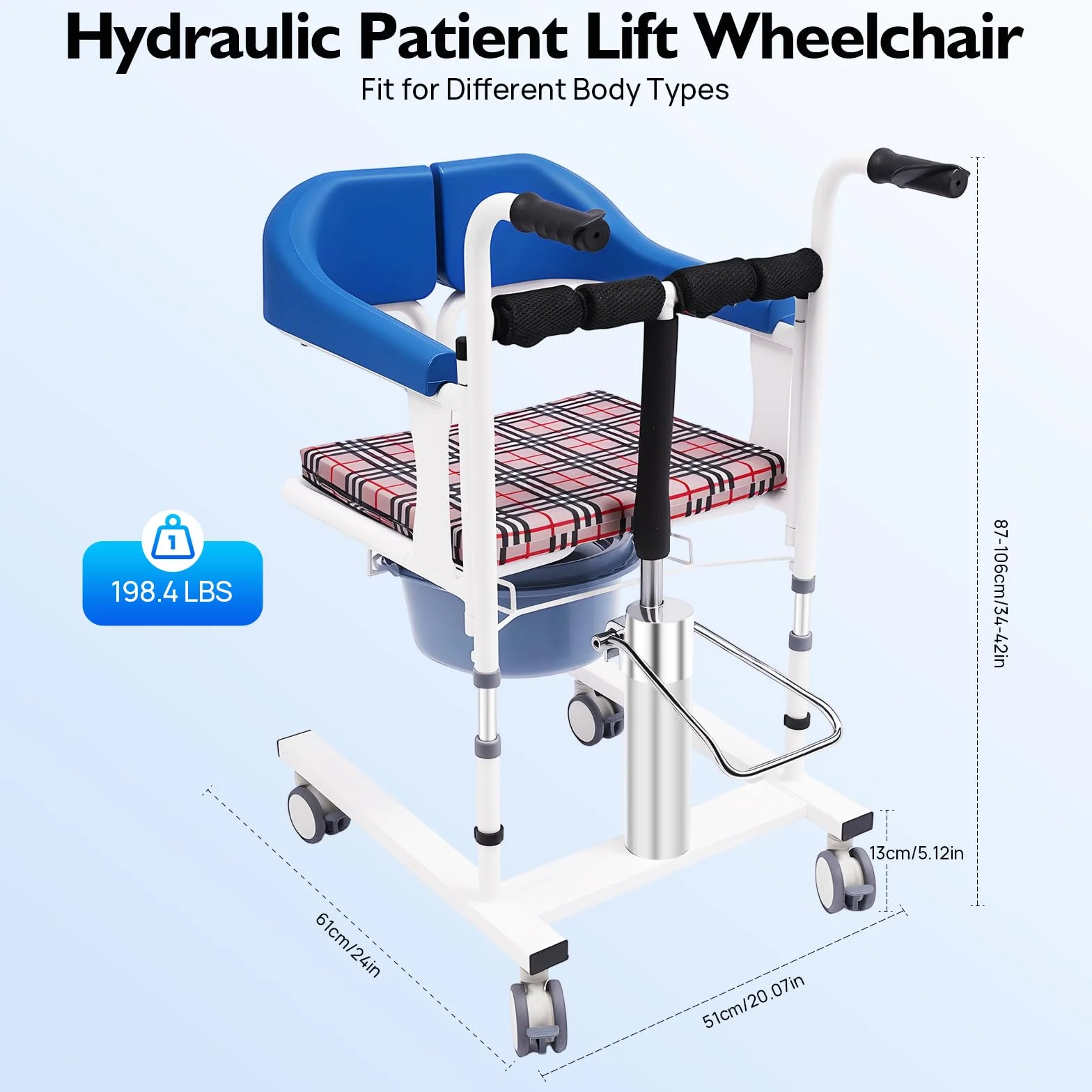 Fauteuil roulant hydraulique pour patients, chaise de transfert divisée à 180°, avec pot, capacité de charge 90 kg, hauteur réglable 42-61 cm, pour personnes handicapées, paralysées,