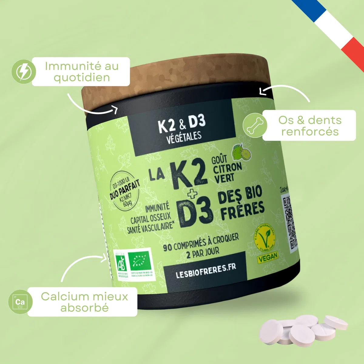 La K2-90 Comprimés à Croquer Citron Vert - Os, Dents & Immunité - Calcium - 45 Jours
