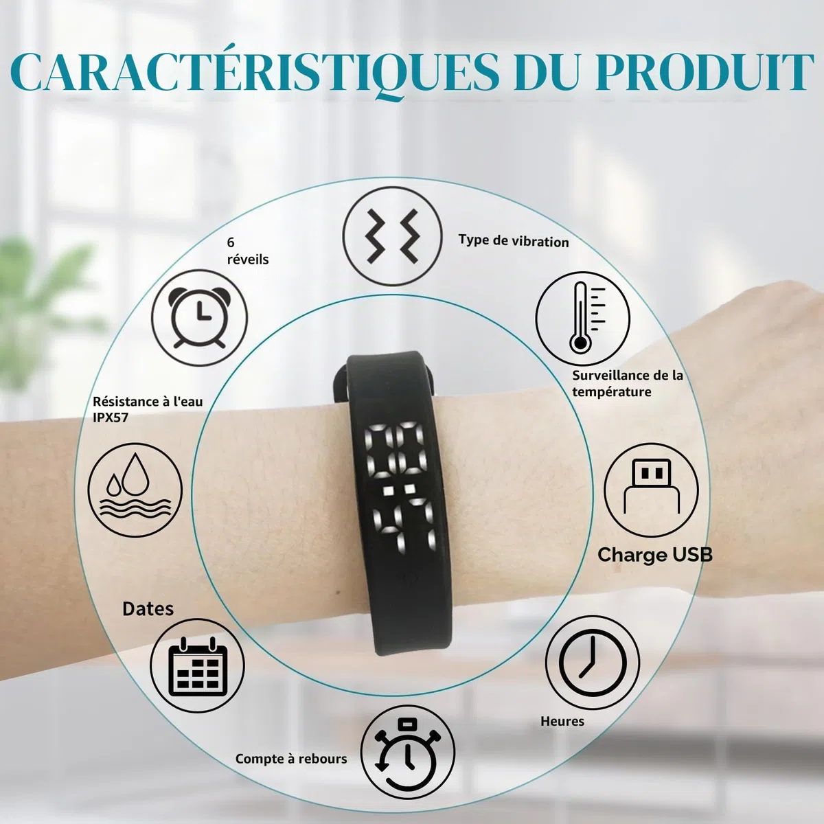 Bracelet avec réveil vibrant silencieux pour partenaire/naissances/enfants, 6 rappels, pilule réveil montre-bracelet 3 mesures température