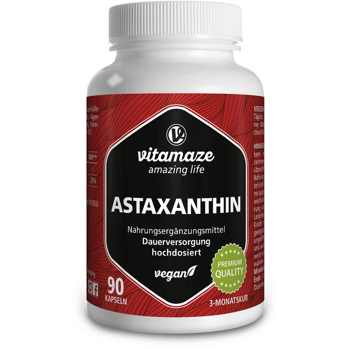 Astaxanthine avec Thiamine pour 3 Mois - 4mg Pure Astaxanthine a partir de Algues Haematococcus - Naturelle et Vegan en Poudre provenant D'Algues, 90 Capsules