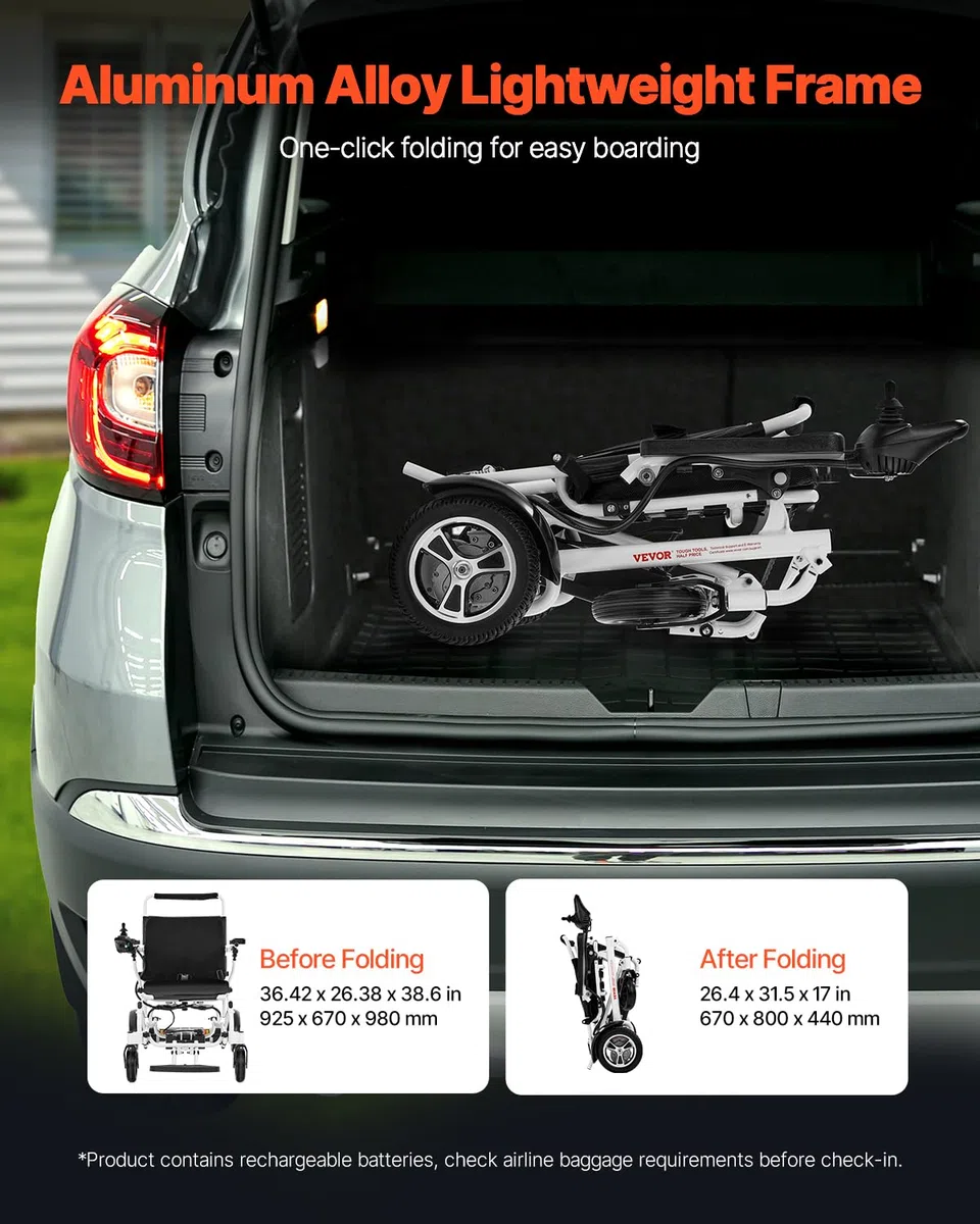 VEVOR Fauteuil Roulant Électrique, Capacité de Charge 136 kg, Autonomie 21 km, Siège Spacieux Confortable 533,4 mm, Fauteuil Roulant Motorisé Pliable Léger Portable pour Personnes Âgées, Handicapées