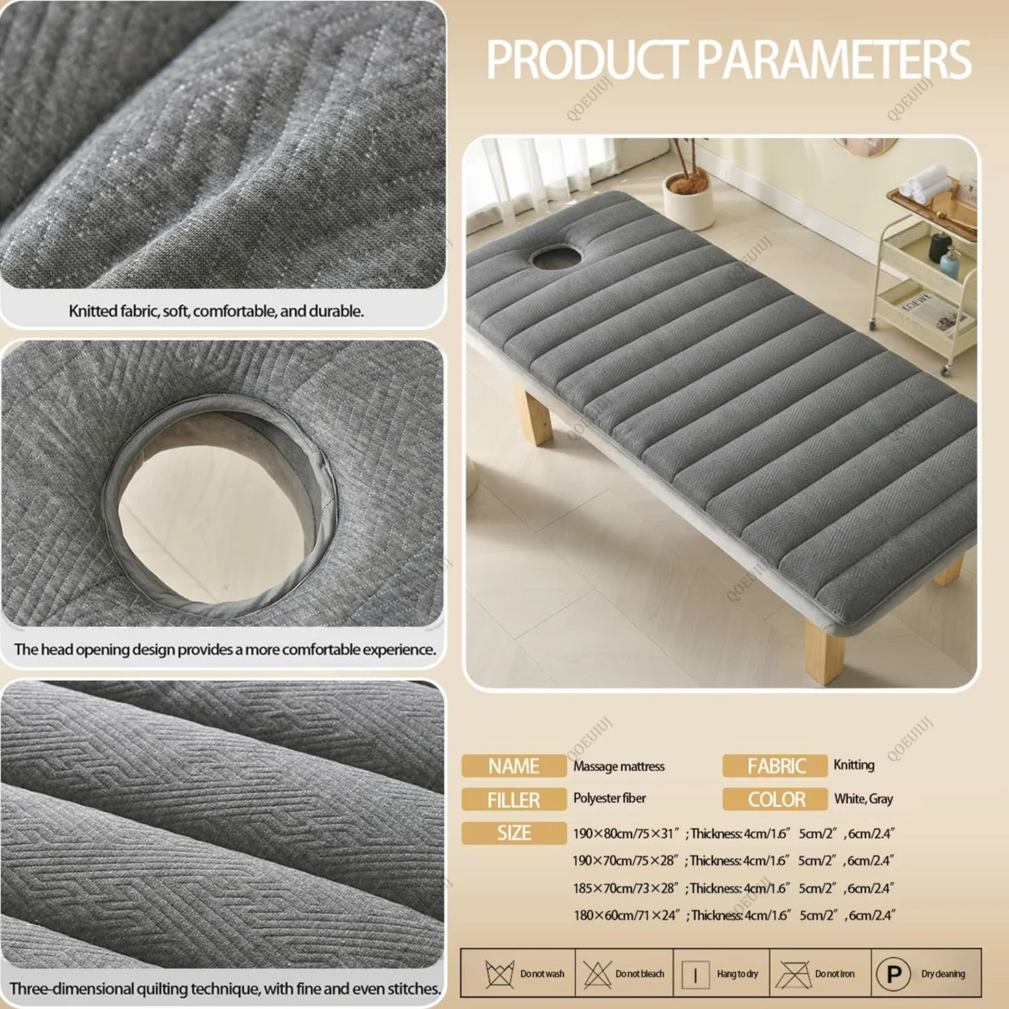 Surmatelas Table de Massage avec Trou Visage - Matelas Esthétique Épais Confort (Latex + Mousse), Tapis de Lit Cosmétique avec Élastiques de Maintien pour Salon de Beauté(Gris,180x60x5cm)