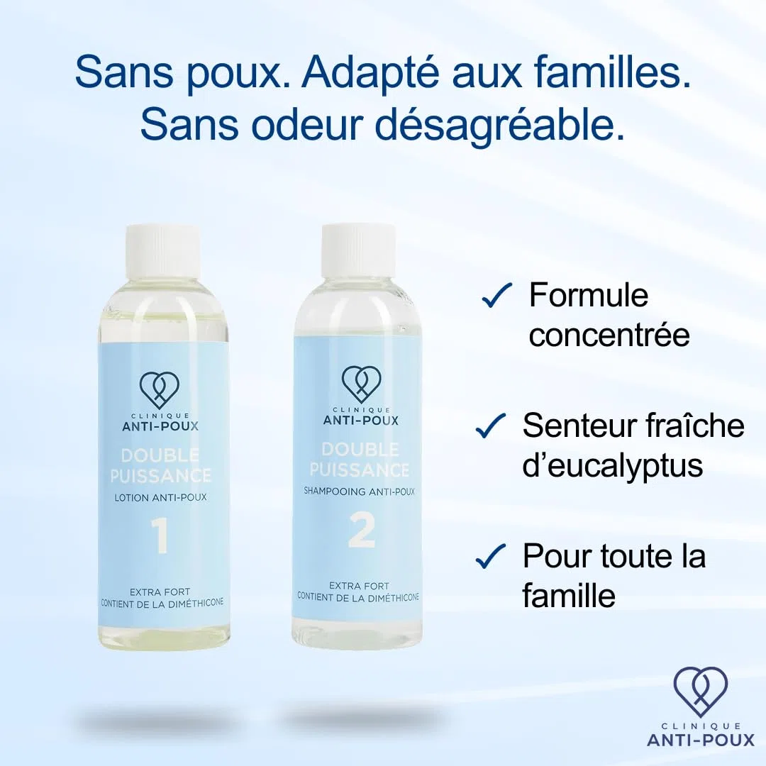 Clinique Anti-Poux Double Puissance - Tue efficacement les poux et les lentes - Kit de traitement anti-poux - Lotion et shampoing à la diméthicone pour adultes et enfants - Parfum eucalyptus