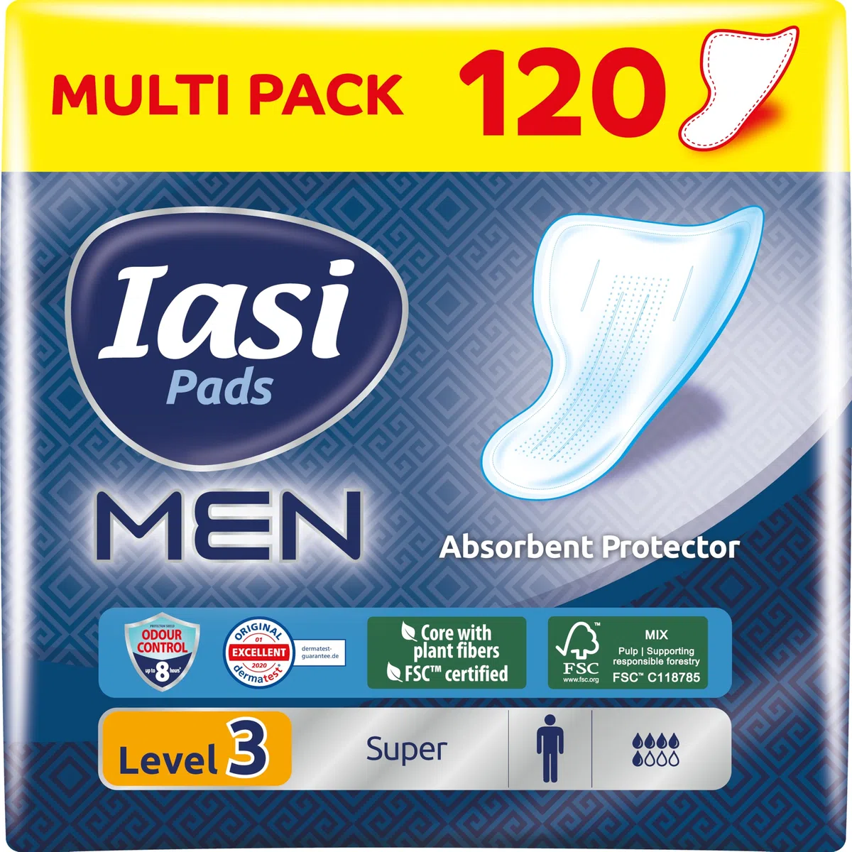 IASI MEN Super Level 3, Protections Absorbantes pour fuites urinaires masculines légères à modérées, 120 Unités