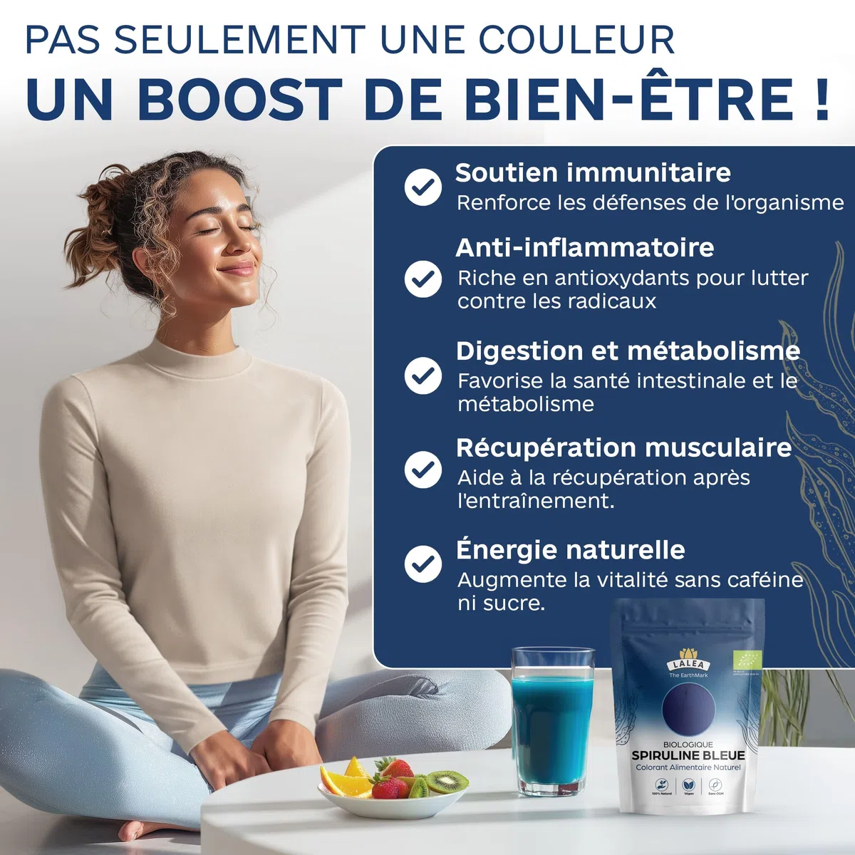 LALEA Spiruline Bleue BIO en Poudre 55g – Phycocyanine Bleue Pure Bio – Colorant Alimentaire Poudre Bleu Naturel (E18) – Spiruline Bleu Poudre pour Smoothies, Pâtisserie, Boissons & Desserts