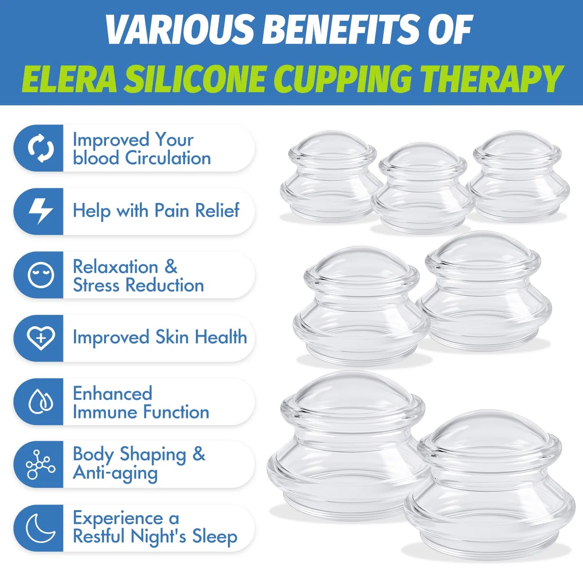 ELERA Ventouse Anti-Cellulite - 7 Cups en Silicone Professionnels, Outil de Massage pour le Corps, Améliore la Circulation, Aide à Raffermir la Peau, Compatible avec les Huiles de Massage