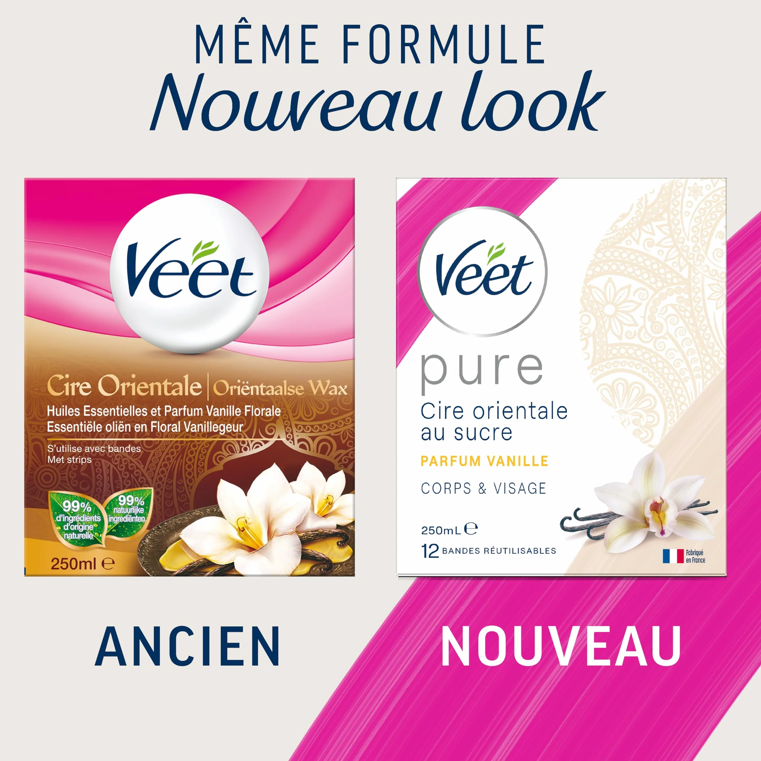 Veet PURE - Cire Chaude au Sucre et Vanille - Epilation Sans Bande - Lot de 3 x 250ml