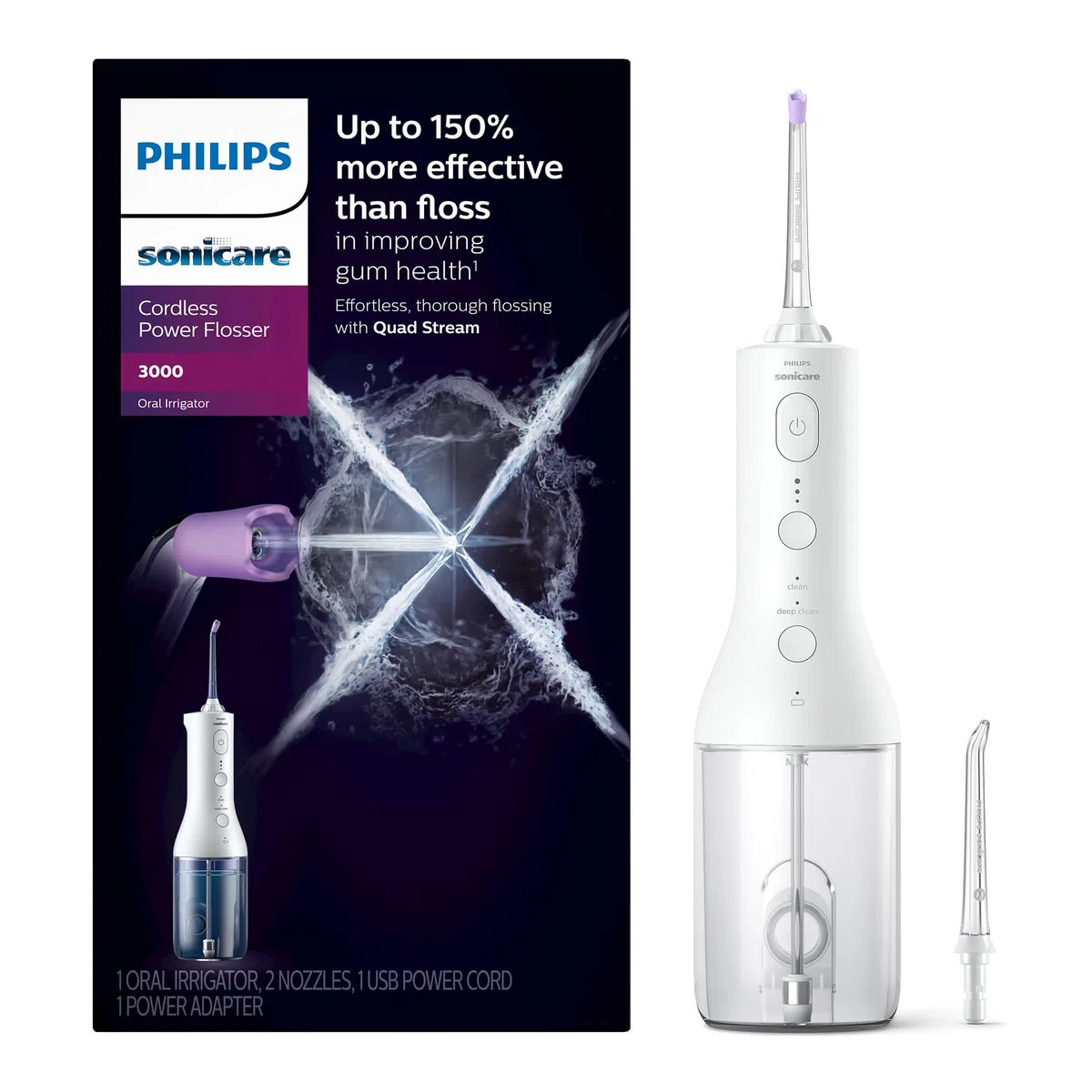 Philips Sonicare Cordless Power Flosser 3000 - Water Flosser with Innovative Quad Stream Technology, Oral Irrigator with 2 Flossing Modes and 3 Pressure Levels, IPX7 Waterproof, White, HX3826/21