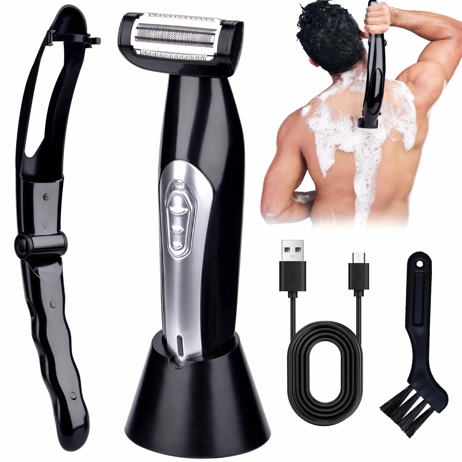 Tondeuse de Dos pour Hommes, Rasoir pour le Dos, Utilisation Humide et Sèche, Rafale de Puissance, Rasoir électrique pour le Dos avec Poignée Amovible, Tondeuse pour le Corps pour Hommes