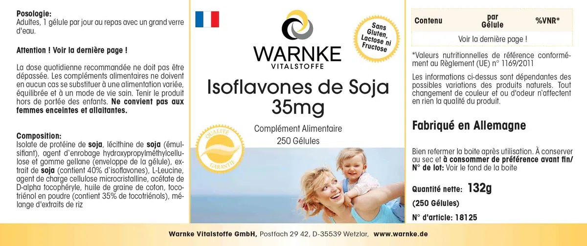 Isoflavones de Soja 35 mg - 250 gélules - Avec vitamine E | Warnke Vitalstoffe - Qualité des pharmacies allemandes