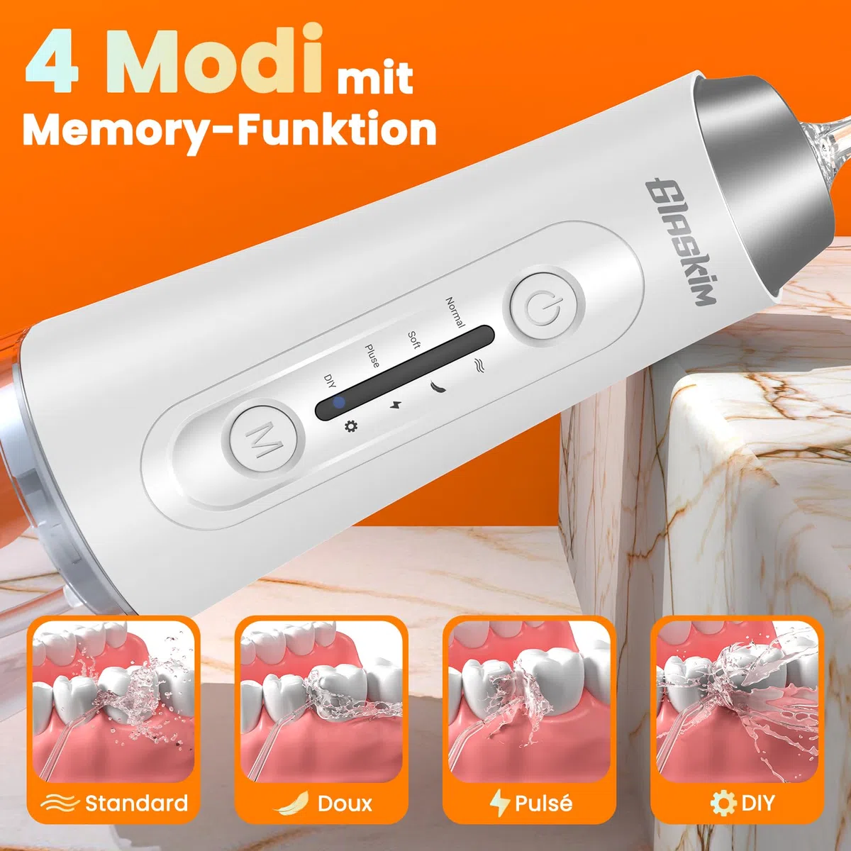 Jet Dentaire Hydropulseur Professionnel - 4 Modes de Nettoyage, Réservoir 320ML Grande Capacité, 8 Buses Interchangeables, USB Charge Rapide, IPX7 Étanche, Portable pour Maison & Voyage Blanc