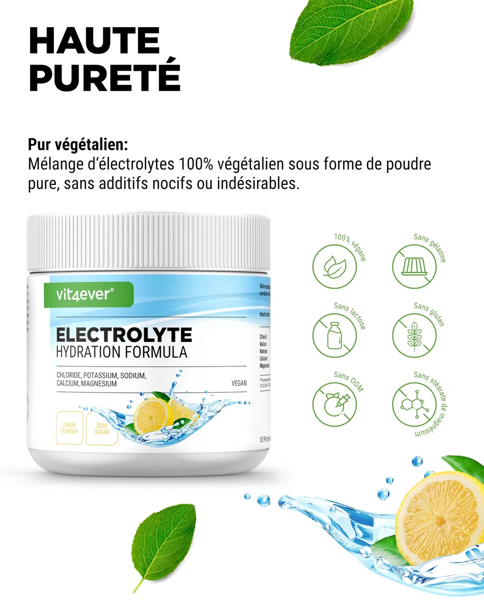 Electrolytes - 400 g (80 portions) - Formule d'hydratation avec chlorure, potassium, sodium, calcium, magnésium - Parfait pour les sportifs en cas de déshydratation - Sans sucre - Vegan - Goût citron