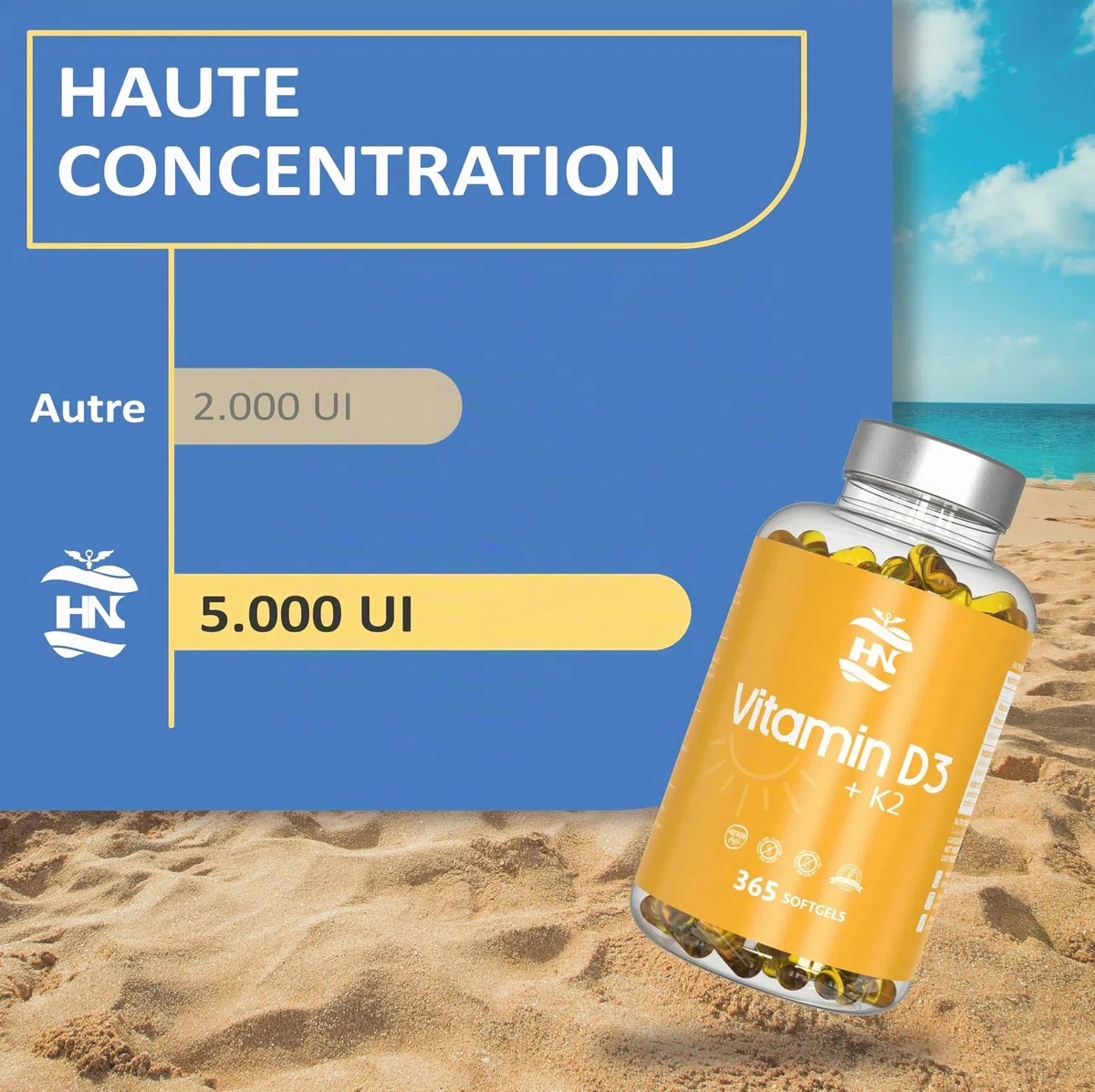 Vitamine D 5000 UI Vitamine D3 K2. 365 Capsules Vitamin D3 hautement concentrée Soutient les fonctions immunitaires et osseuses grâce à la Vitamin D3 K2 hautement dosée