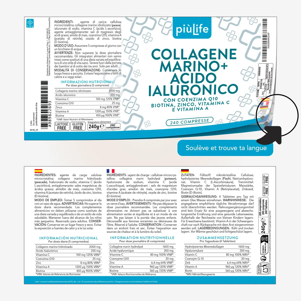 Collagène Marin Acide Hyaluronique PiùLife – 2000 mg Collagène Hydrolysé Type 1, Vitamine C, Biotine, Zinc, Q10 – 240 Comprimés – Peau, Cheveux, Articulations