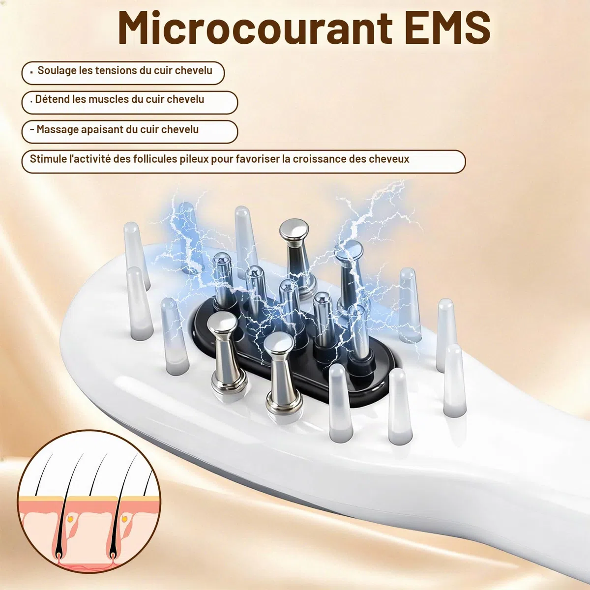 Brosse de Massage É‌lectrique Pour le Cuir Chevelu, Brosse de Massage Portable Pour la Tête à Lumière Rouge et Bleue, Microcourant EMS et Vibration, Favorise la Croissance des Cheveux