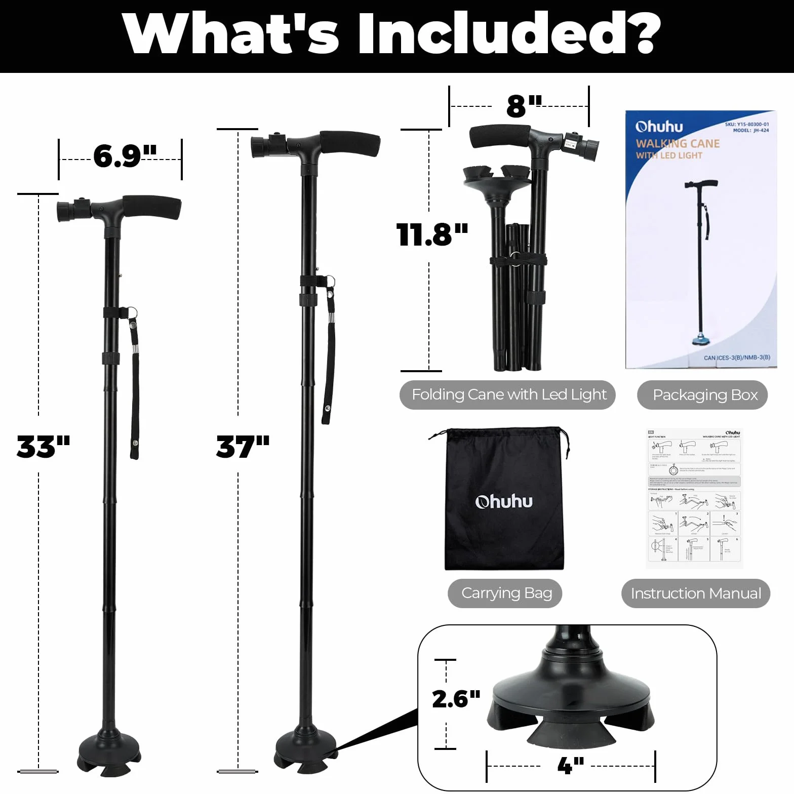 Canne de Marche Pliante avec Lumière LED, Ohuhu Bâton de Marche Hauteur Réglable pour Homme et Femme, Personnes Âgées, Pliable Portable, avec Coussin en T et Base pivotante, Sac de Transport