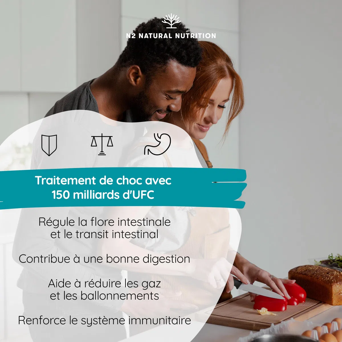 Probiotique Flore Intestinale 150 Milliards UFC, 20 Souches de Bactéries + Zinc + Inuline. Probiotiques pour la Régénération Digestive et Microbiote. 90 gélules, Végétalien. N2 Natural Nutrition