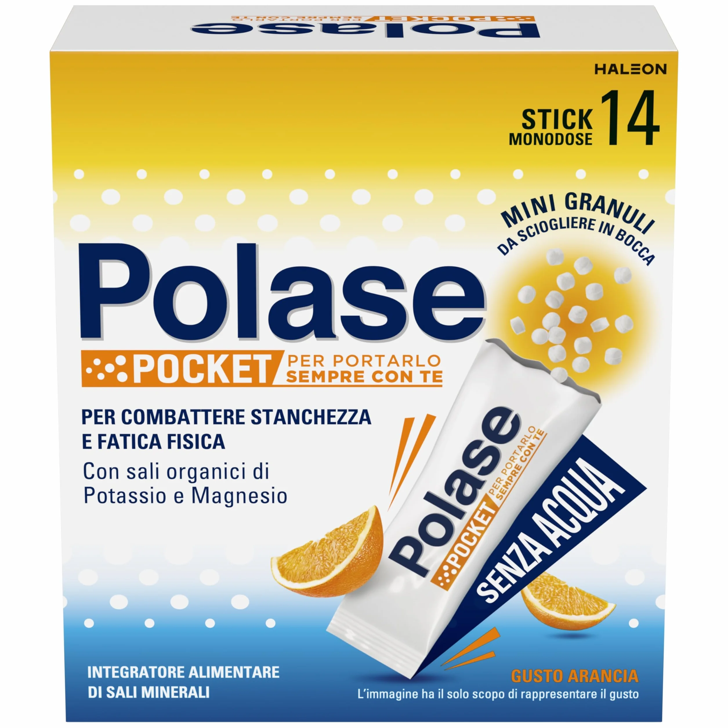 Polase Pocket, Complément alimentaire de magnésium et de potassium à prendre sans eau, contre fatigue et fatigue, chaud, goût orange, 14 bâtons orosolubles