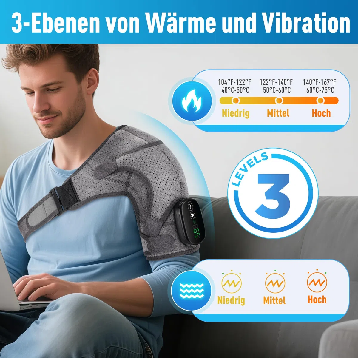 Coussin de Massage Chauffant Sans Fil pour Épaule, Attelle Chauffante avec 3 Niveaux de Chaleur et 3 Modes de Vibration, Écran Tactile, Batterie 5000mAh - Pour Épaule Gauche/Droite, Femme et Homme