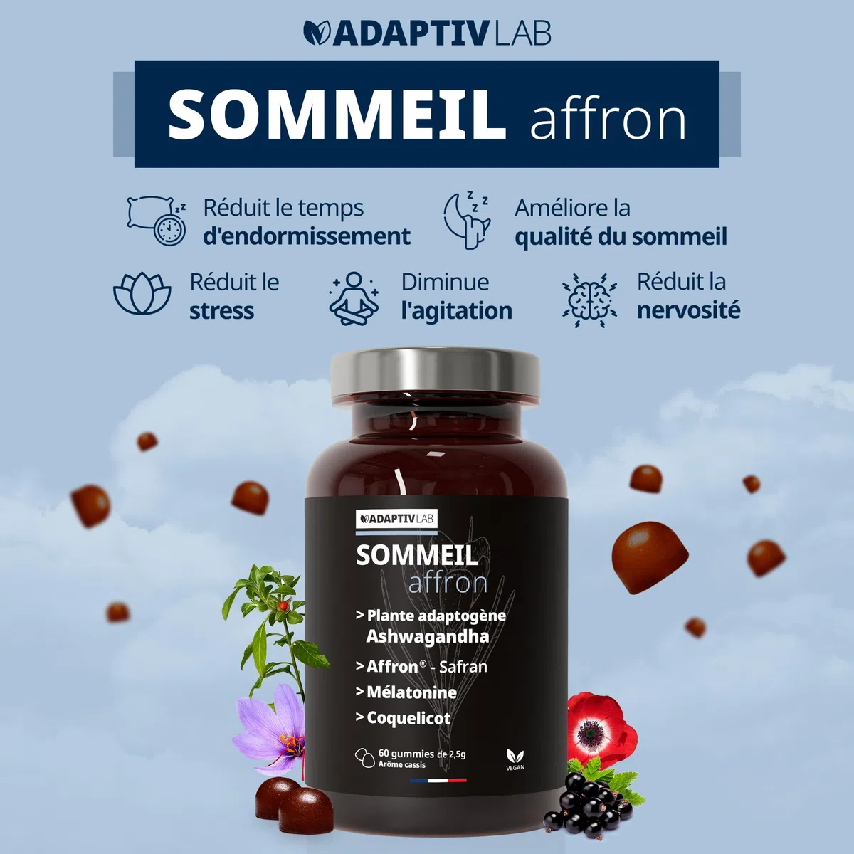 AFFRON - 60 Gummies Sommeil - Vegan et Végétarien Arôme Cassis Complement Alimentaire Adulte con Ashwagandha et Melatonine 1,9 mg Fabrique en France