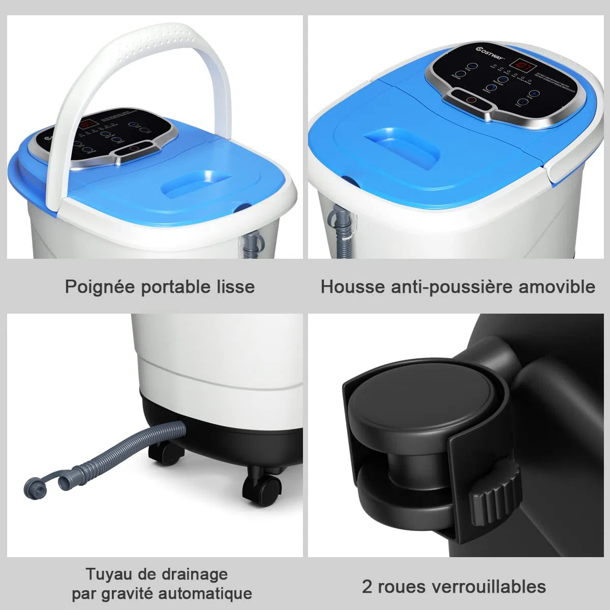 COSTWAY Bain de Pieds 15L avec Ecran LED, 6 Rouleaux de Massage, Masseur de Pieds avec Chaleur Automatique 35℃-48℃, Fonction de Douche et Lumière Rouge (Bleu)