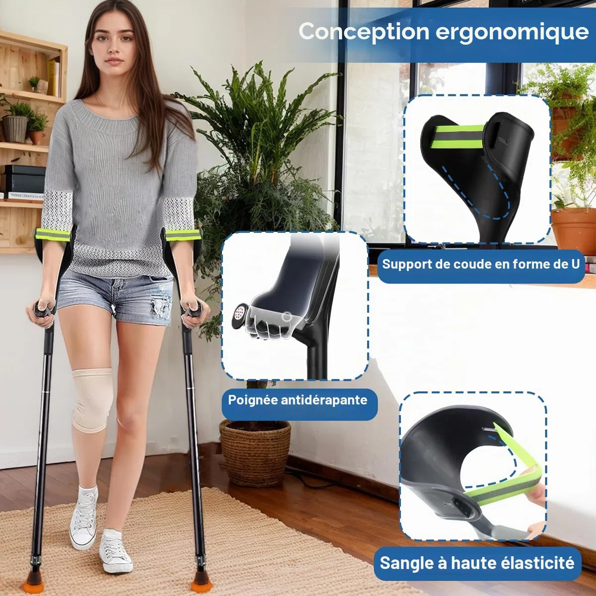 Lot de 2 béquilles pliantes pour adultes, béquilles légères pour adultes, femmes, hommes, personnes âgées, hauteur réglable avec poignée confortable, béquilles noires pour aides à la marche