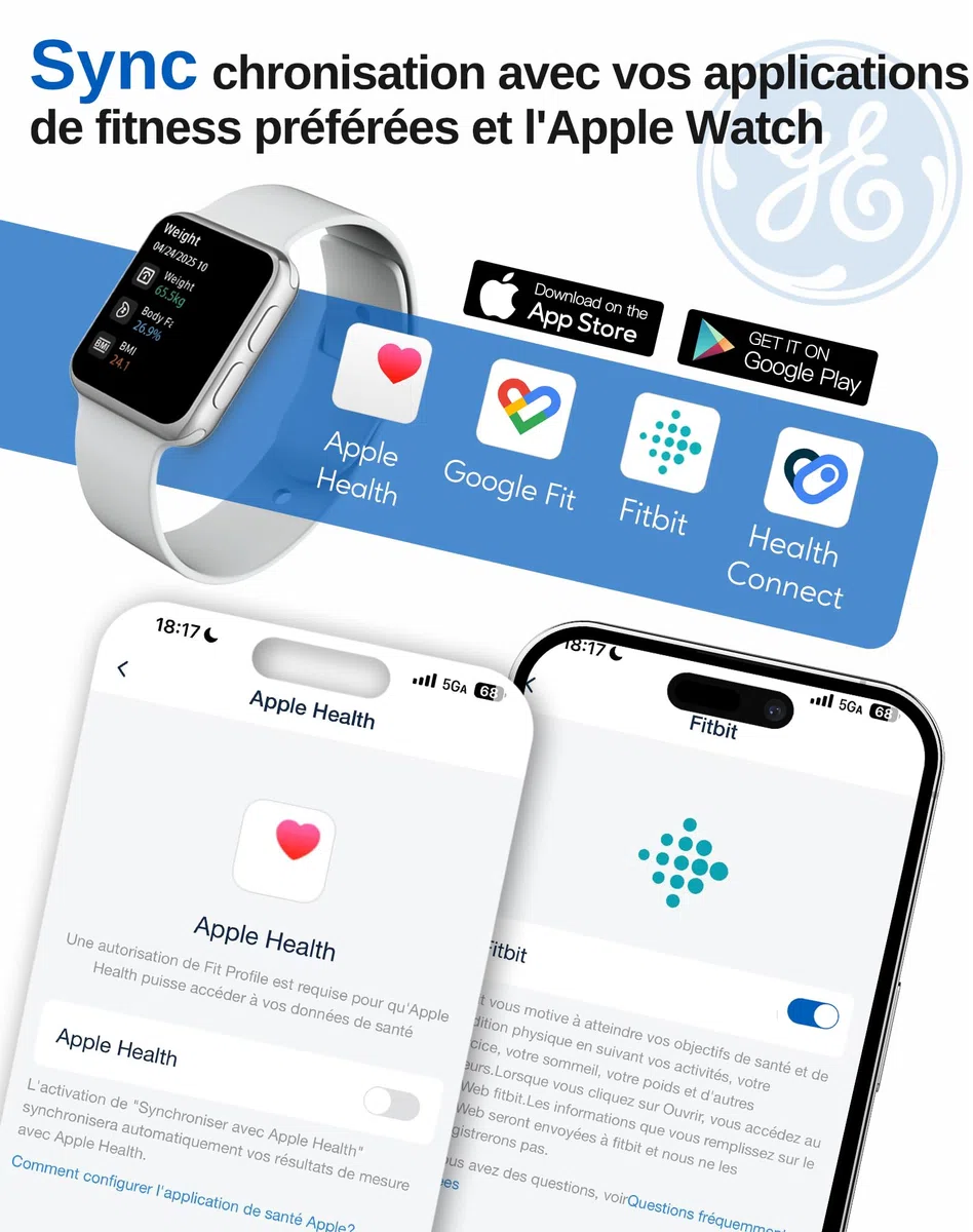 GE Pese Personne Connectée Blance, Intelligent Pese Personne Masse Graisseuse et Muscle IMC 13 Mesures Corporelles Balance Connectée Haute Hrécision avec Grand Écran 180 kg Noir
