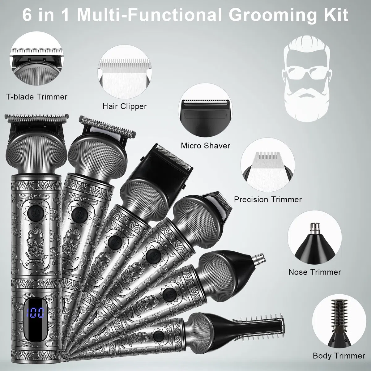 Hatteker Tondeuse Barbe,Cheveux Professionnelle pour Homme Avec Lame en T Rasoir Kit de Coupe de Cheveux Chauve 0 mm Tondeuse Corps Tondeuse de Précision Tondeuse Nez 6 en 1