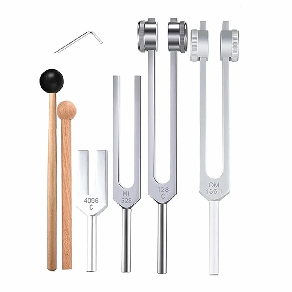 Diapason,Diapason 128hz Thérapeutique,Jeu de 4 diapasons (128 Hz, 136.1 Hz, MI 528 Hz, 4096 Hz) idéal pour la thérapie, pour la thérapie des chakras,la ThéRapie par le Son, le Soulagement Stress(Or)