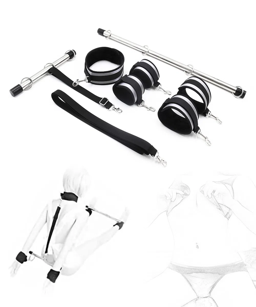 BAOMAZ4 Barre d'écartement en acier inoxydable Menottes mains et pieds Barre d'entrave Réglable Écarteur de jambes avec système de collier de serrage Torture Esclave Fétiche Ensemble de (SET)
