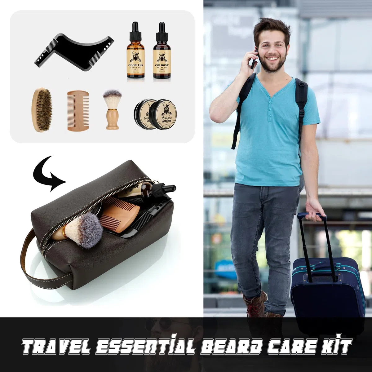 Exreizst Kit Barba per Uomo,Regalo Cura della barba Uomo Completo Professionale per Marito Papà -con2Olio per la crescita della barba, balsamo, pennello, pettine,sapone barba, custodia regalo uomo