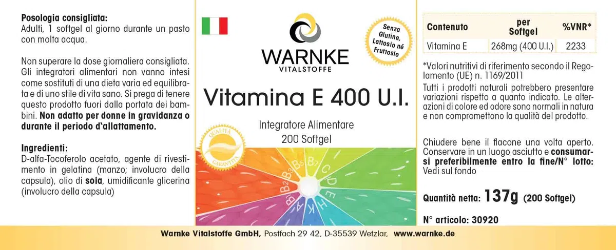 Vitamine E 400 U.I. - 200 softgels pour 200 jours, antioxydant, emballage en gros | Warnke Vitalstoffe - Qualité des pharmacies allemandes