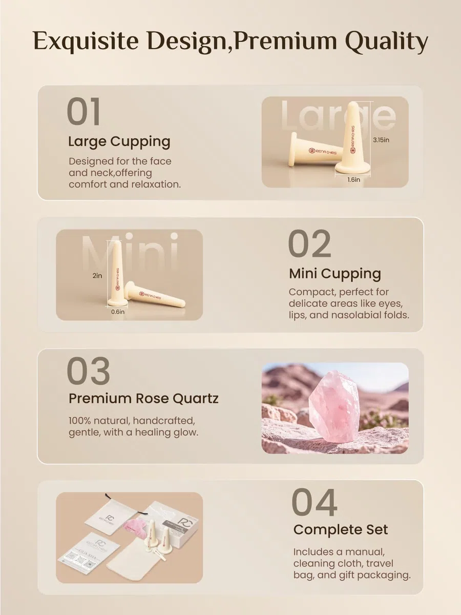 Rena Chris Ventouse Visage & Outil Gua Sha - Set de Ventouses en Silicone & Pierre Gua Sha en Quartz Rose, Soin Naturel, Réduit Gonflements, Repulpe les Lèvres (Rose)