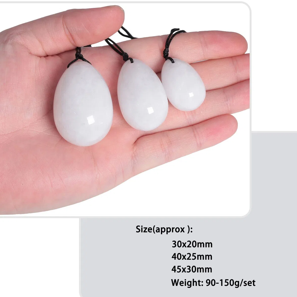 Nupuyai Œuf de Yoni en Pierre de Jade Blanche avec Ficelle Pierre de Massage aux Œufs de Jade de Kegel pour l'Entraînement des Muscles Pelviens des Femmes, 3 Tailles dans un Ensemble