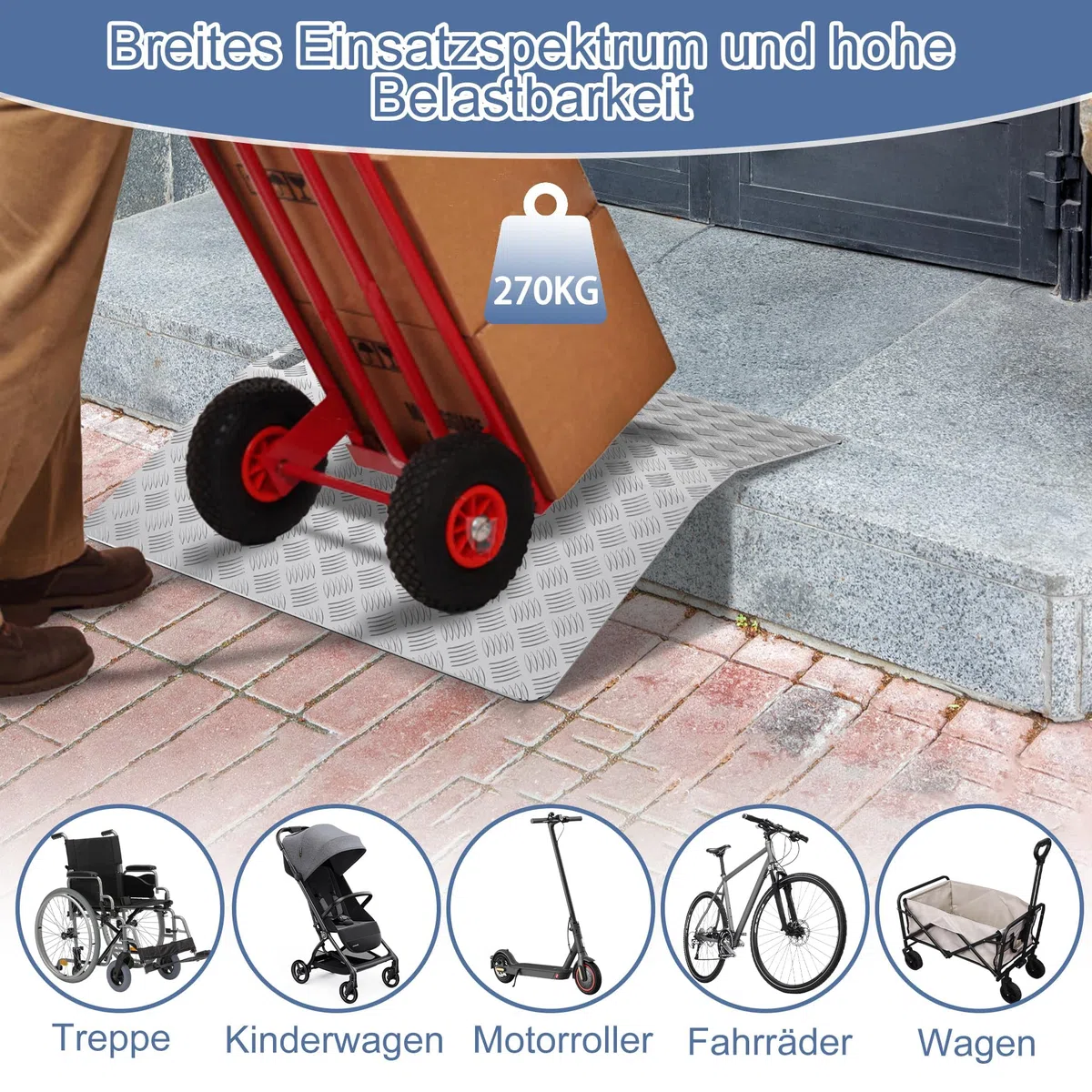 ACXIN Rampe de seuil de porte - Rampe pour fauteuil roulant - En aluminium - Antidérapante - Avec poignées - Charge maximale : 270 kg - 100 x 70 x 10 cm
