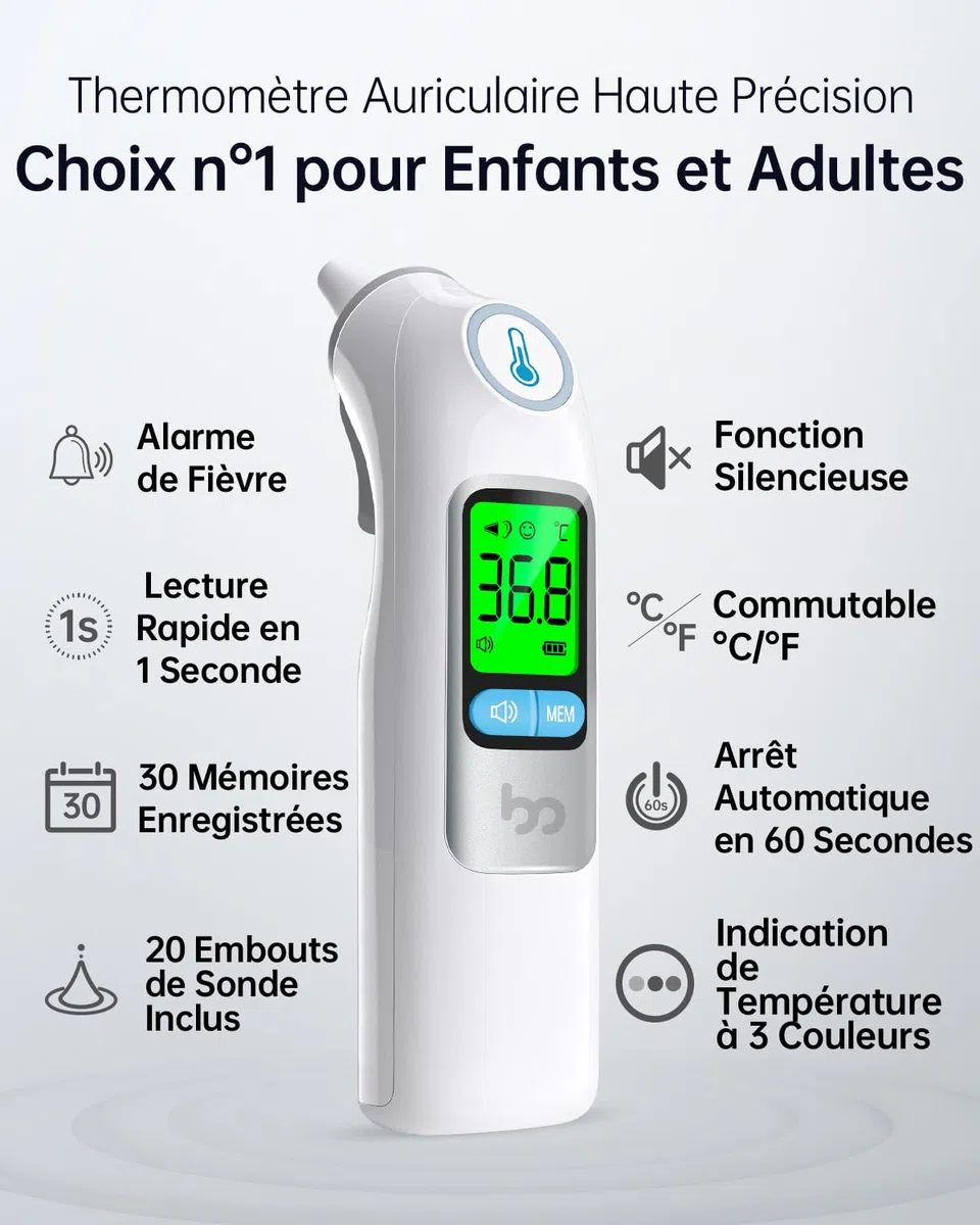 Thermomètre Auriculaire pour Adultes et Bébés | Précision Professionnelle | Alerte Fièvre à 3 Couleurs | Mode Silencieux | avec 20 Embouts Jetables