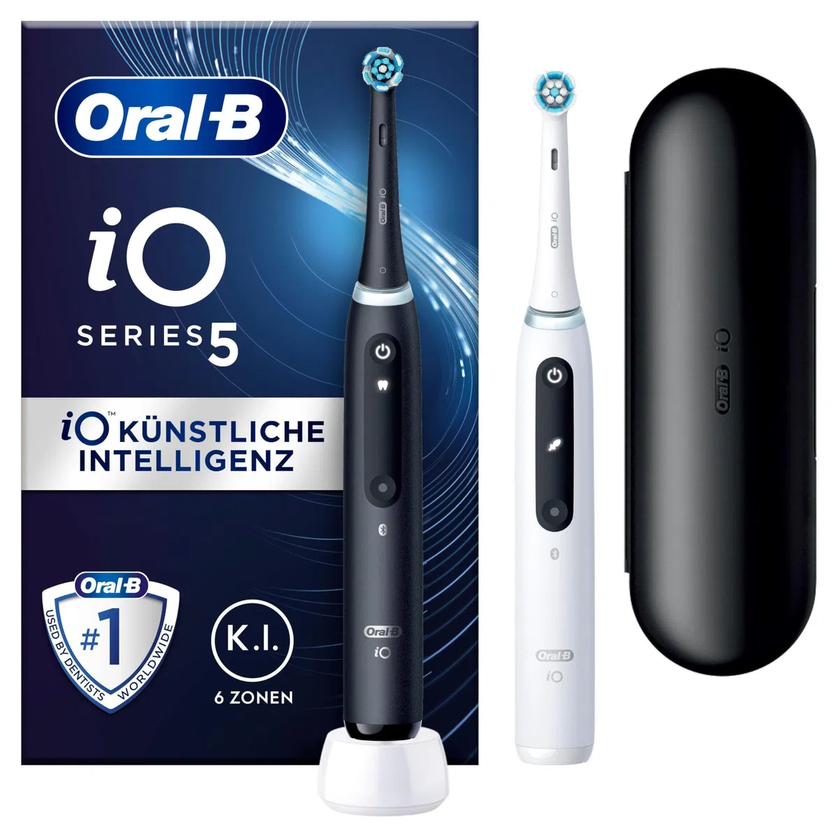 'Oral-B iO Lot de 5 brosses à dents électriques avec technologie magnétique, 2 brosses, 5 modes de nettoyage, affichage LED et étui de voyage, noir mat