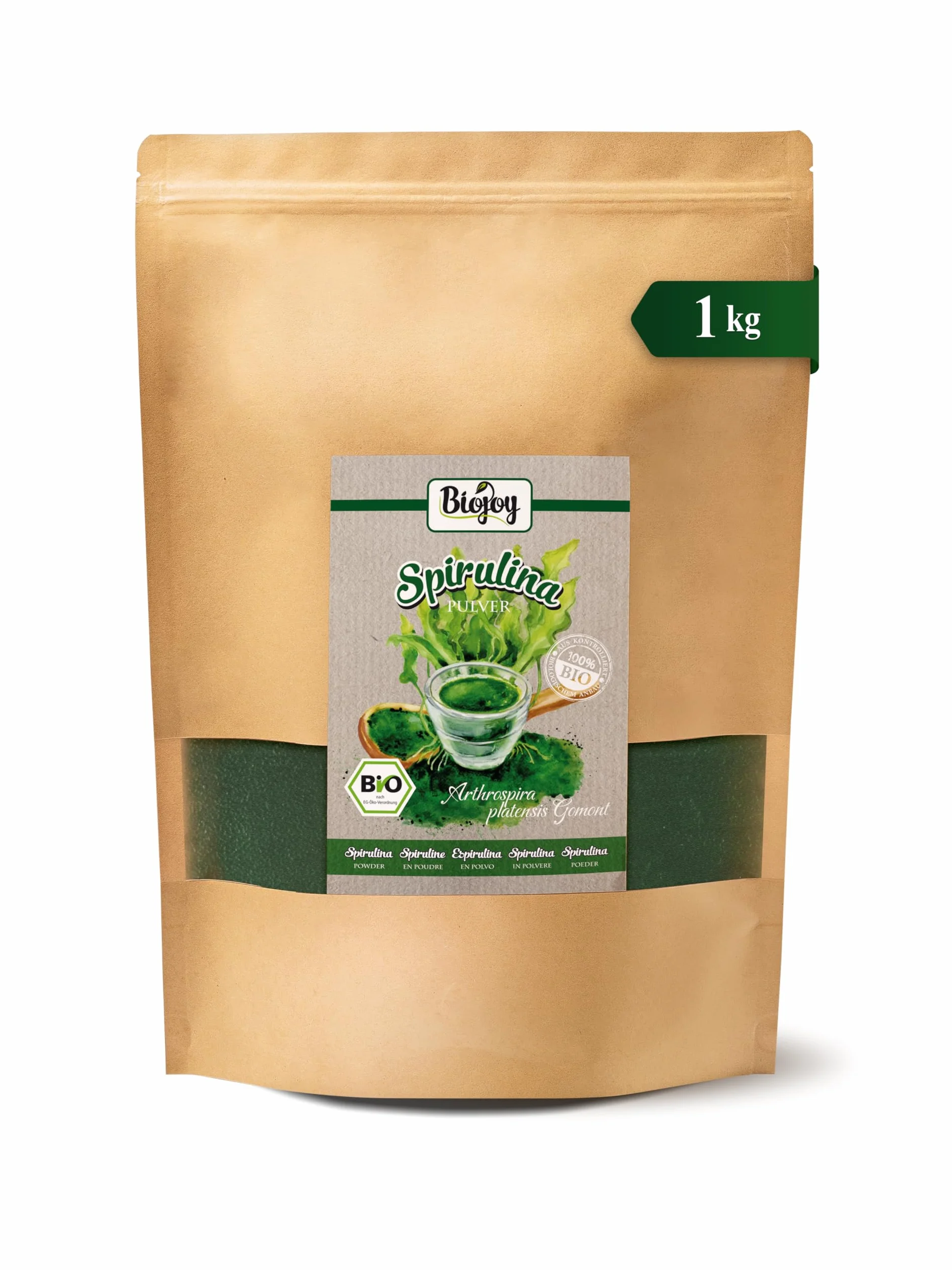 Biojoy Spiruline en poudre BIO (1 kg), sans additifs (Arthrospira platensis)