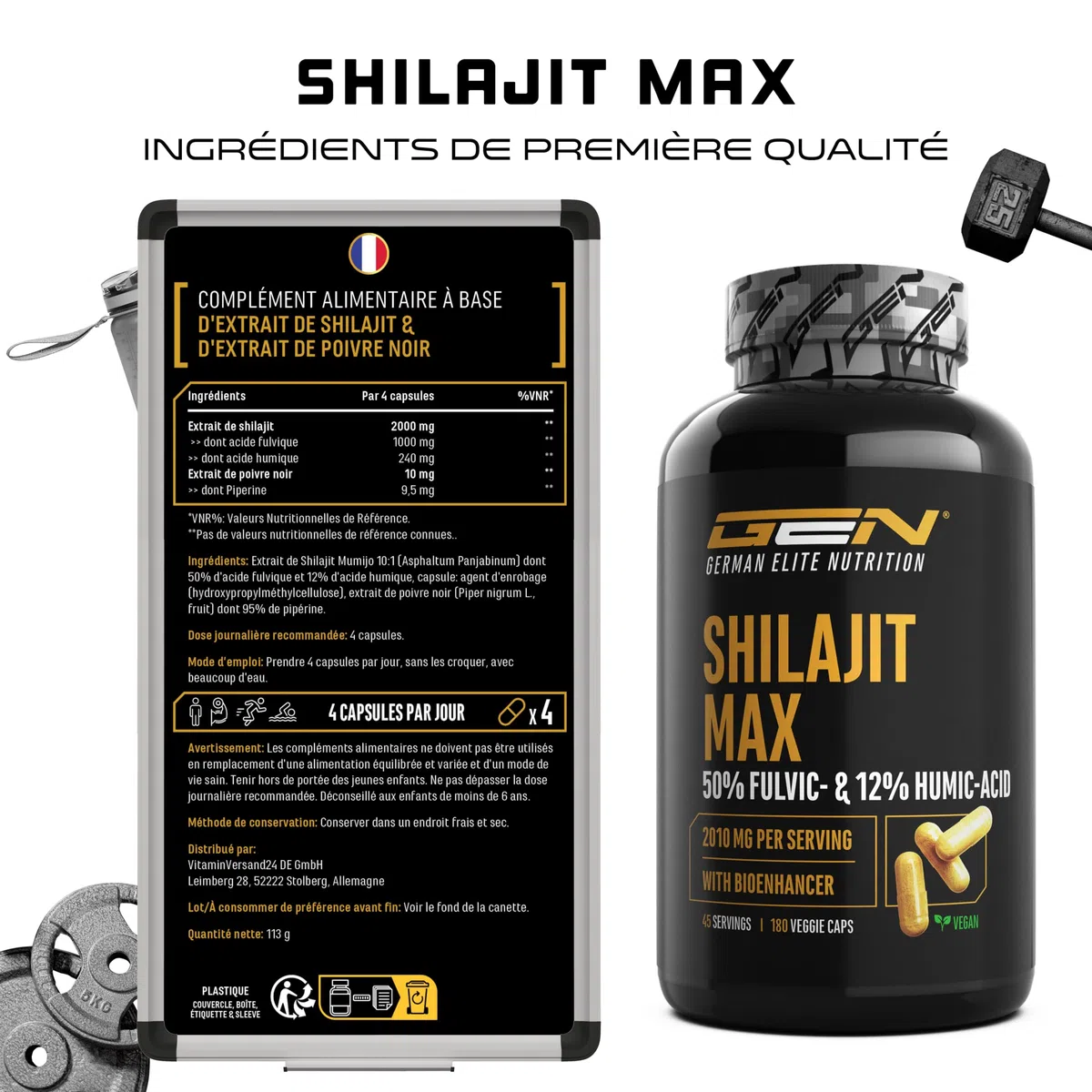 Mumijo Shilajit Max -180 capsules - Extrait Fort : 2000 mg par Portion Journalière - 50% Acide Fulvique + 12% Acide Humique + Bioenhancer - Extrait Original de l'Himalaya 10:1 - Vegan