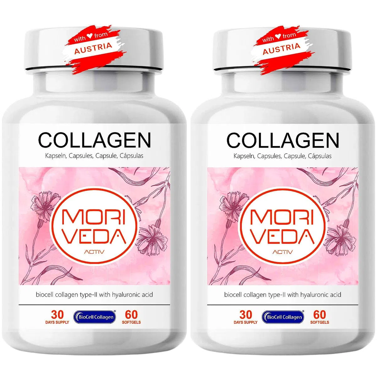 MoriVeda BioCell Collagen gélules, 2 x 60 unités, collagène de type II avec acide hyaluronique et chondroïtine, pour la peau, les articulations et les tissus conjonctifs, certifié ISO