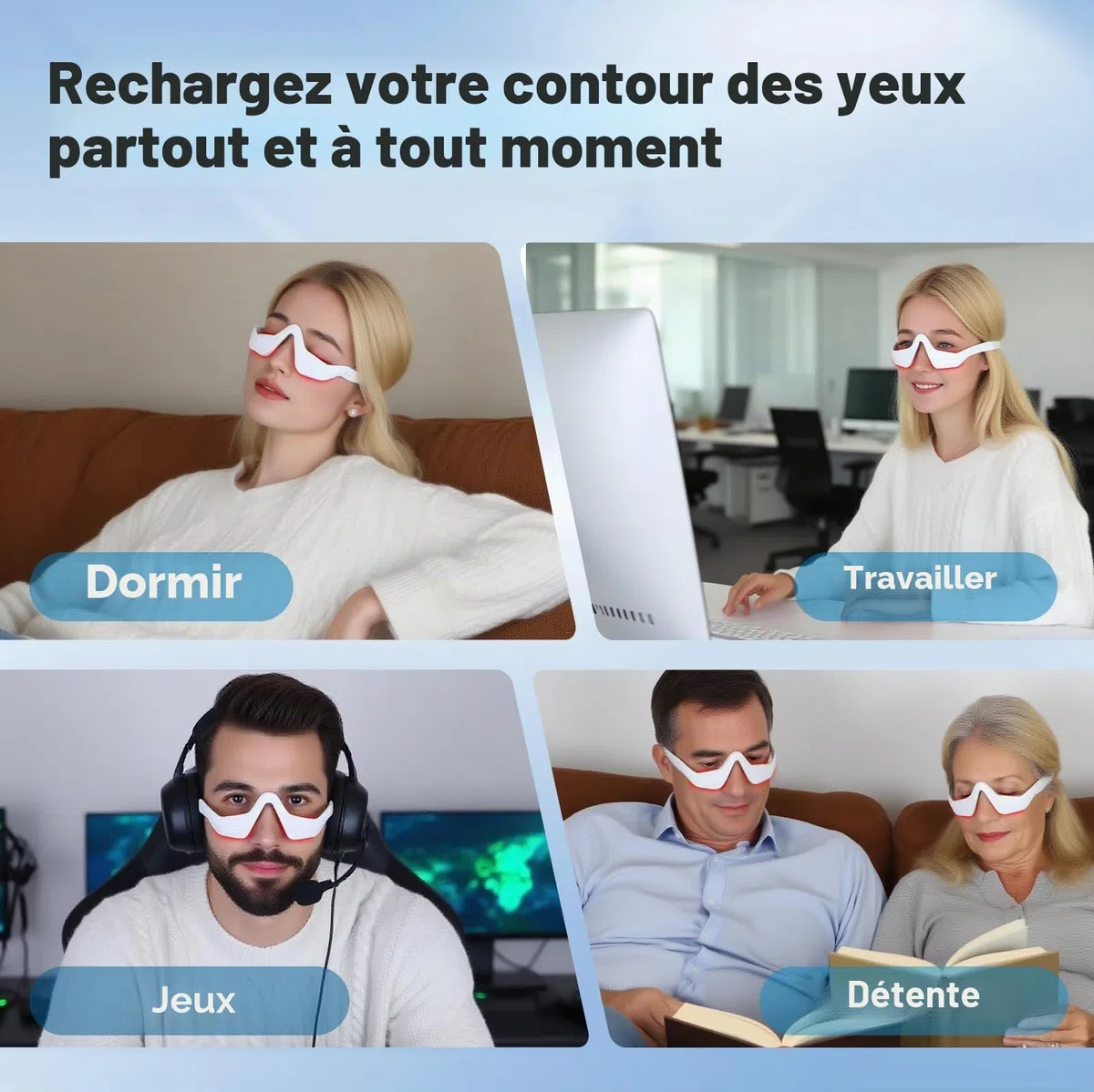 Yeux - Lunettes de thérapie à la lumière rouge avec 3 niveaux de micro-courant - Appareil de beauté revitalisant pour les cernes, les ridules et les rides - Soulage la fatigue oculaire