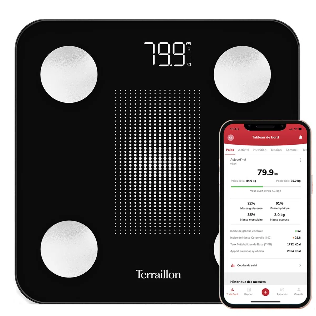 TERRAILLON - Balance Pese personne, Connectée Bluetooth avec application, Analyse Corporelle prècise (IMC, graisse, musculaire, hydrique), Haute précision à 50 gr et jusqu'à 180Kg, WEIGHT CONNECT