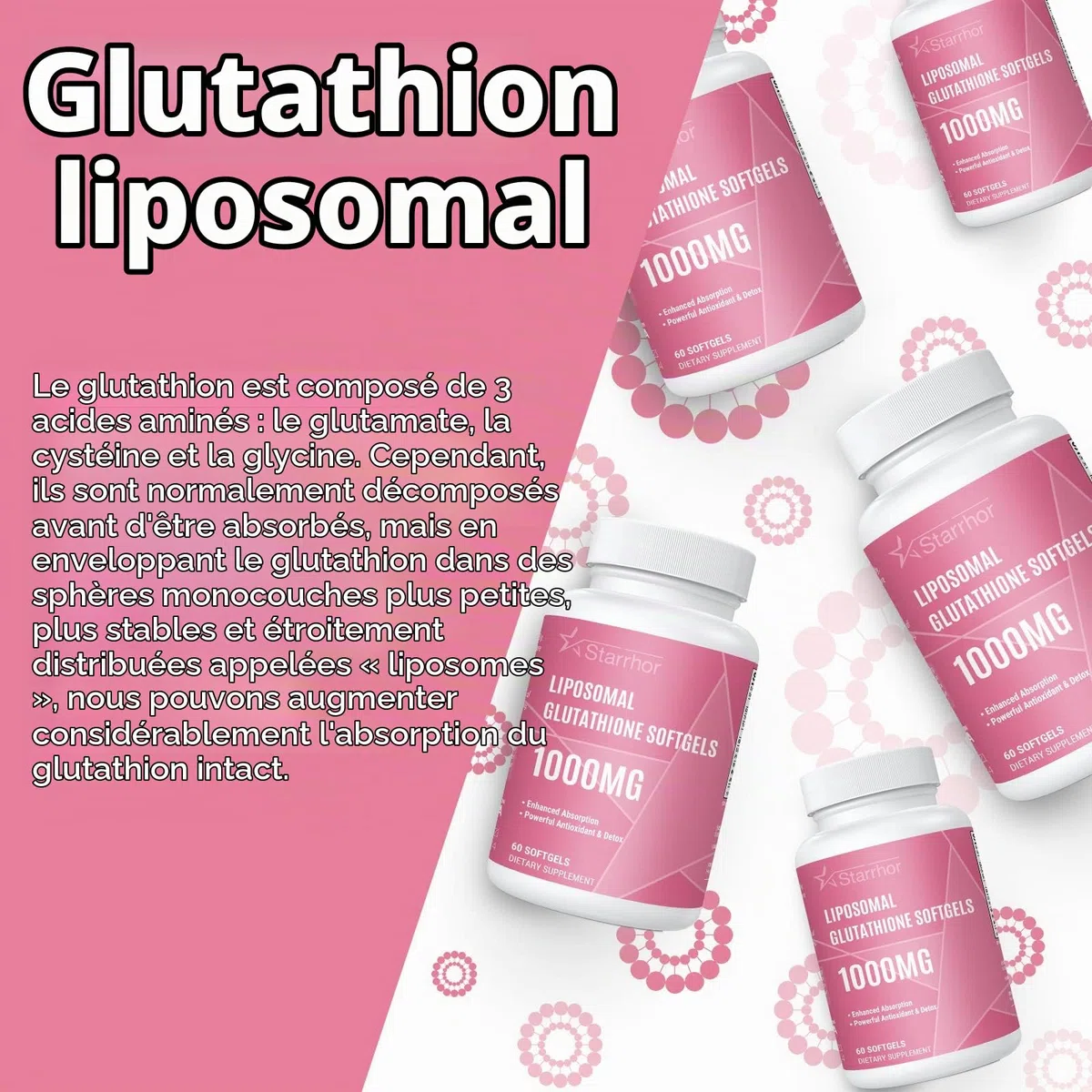 Glutathion Liposomal en Gélules, 1000 mg par Portion, Formule Liposomale Haute Puissance, Supplément Alimentaire, 60 Gélules